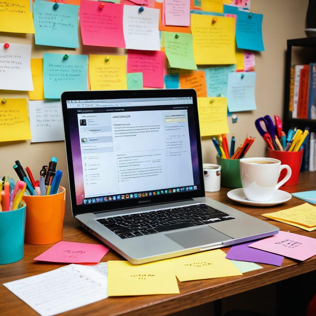 A vibrant workspace filled with a colorful desk, a laptop open to a blog page, sticky notes with tips scattered around, and a cup of coffee steaming softly. In the background, a lively community of readers engaging with the blog, with speech bubbles showcasing their thoughts. The scene conveys creativity, passion, and connection. super-realistic. vibrant colors. soft focus.