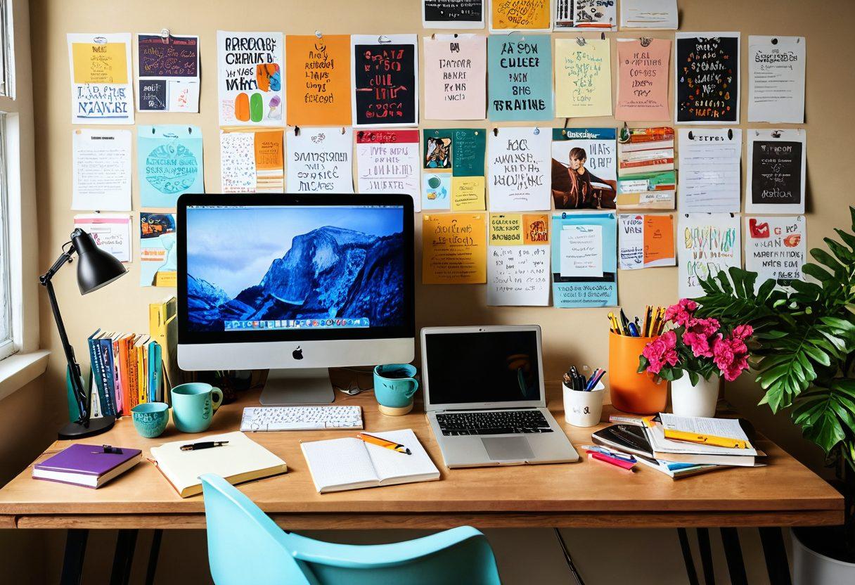 An inspiring workspace featuring a cozy writing desk cluttered with notebooks, pens, and a laptop displaying a vibrant creative writing app. A vision board filled with quotes and ideas hangs above, while natural light streams through a window, illuminating the scene. In the background, shelves are stocked with reference books on content creation, and a motivational poster invites creativity. The atmosphere is warm and inviting, encouraging creativity and growth. super-realistic. vibrant colors. cozy ambiance.