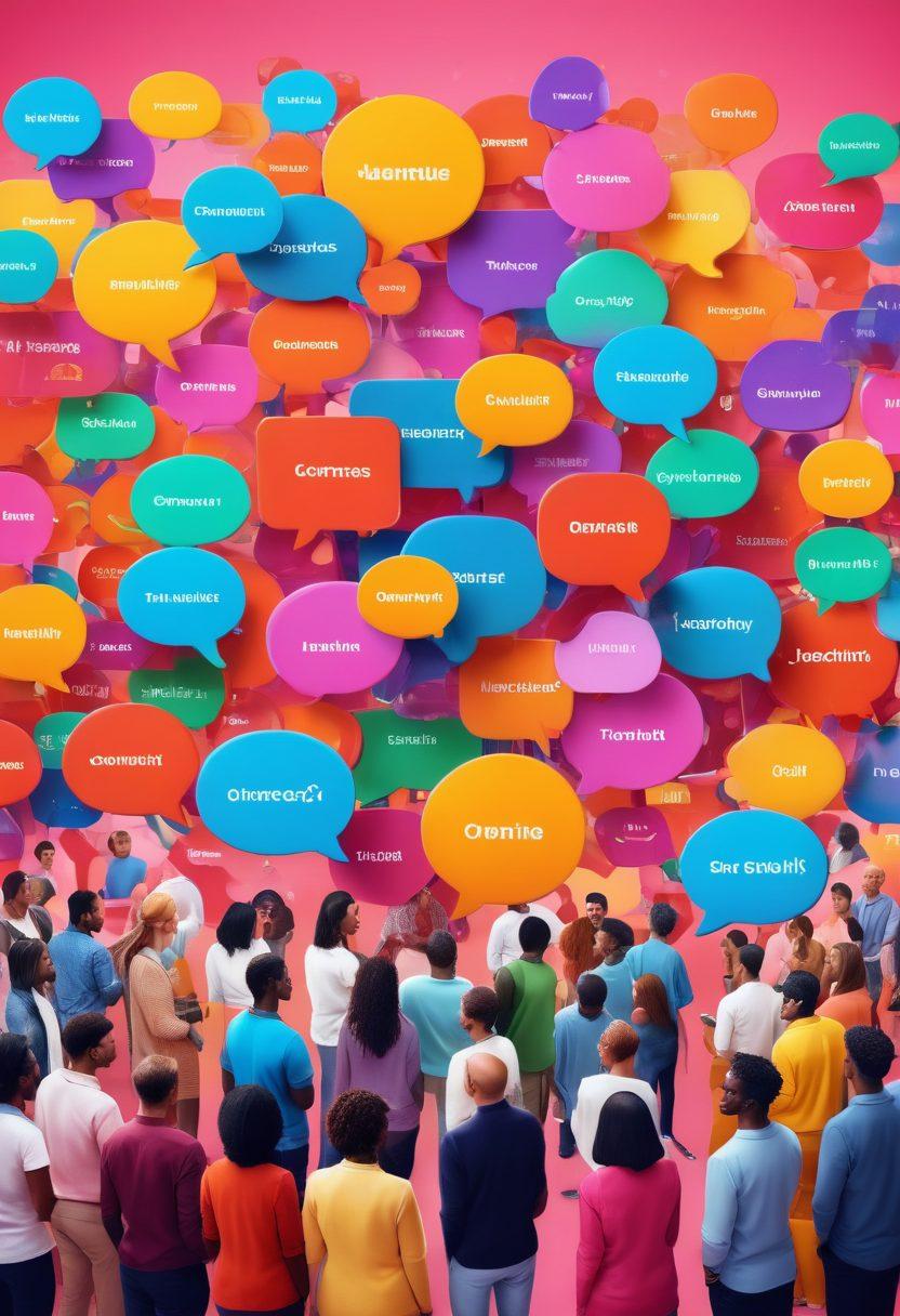 A bustling online discussion forum depicted as a vibrant marketplace, featuring diverse groups engaging in animated conversations, colorful speech bubbles illustrating ideas, and digital elements like chat icons and community badges. The atmosphere should exude collaboration, inclusivity, and energy, showcasing people of various backgrounds sharing knowledge and building connections. super-realistic. vibrant colors. 3D.